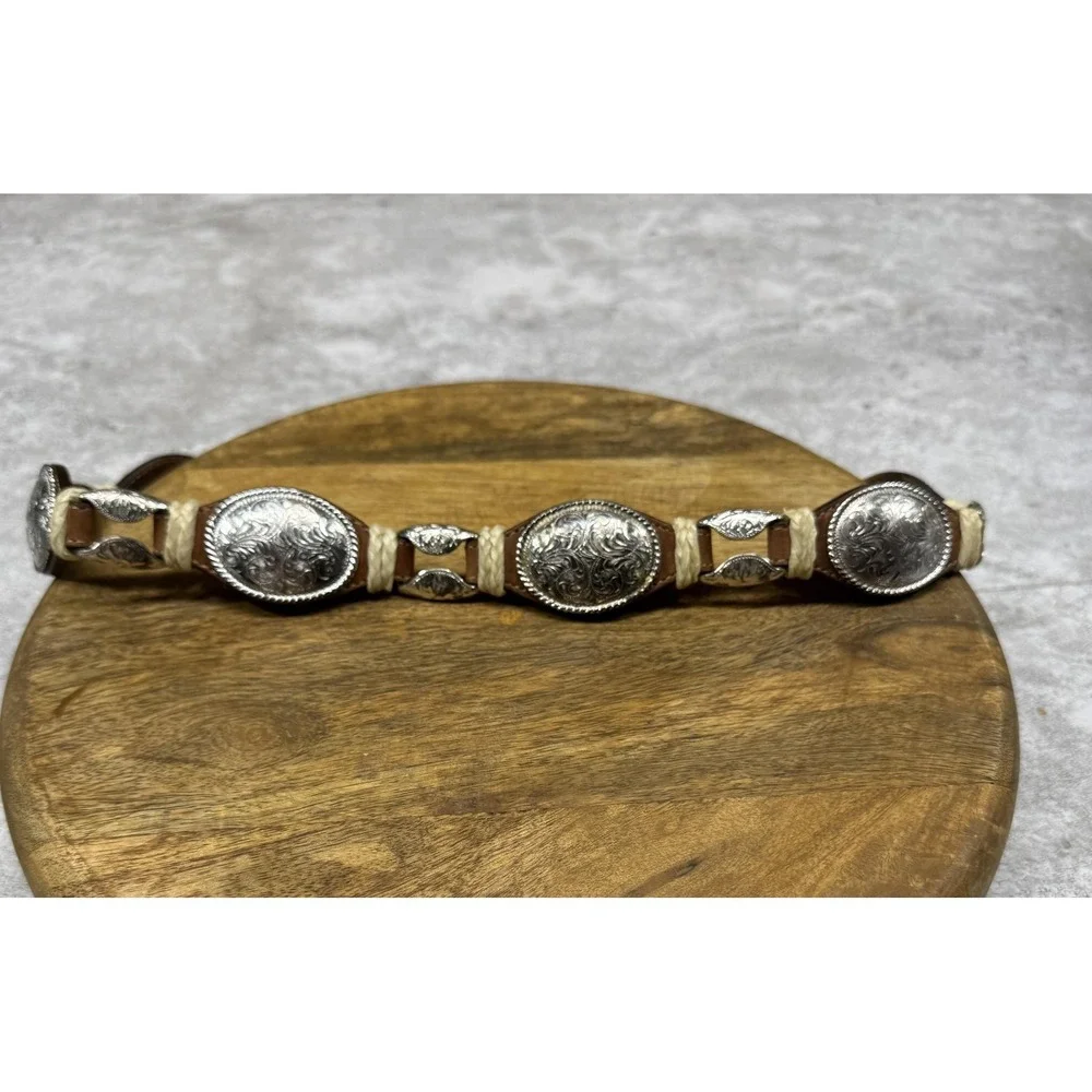 Vintage Justin Western Belt Mens 30 Brown Leather Concho Braided Silver Floral